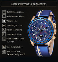 Load image into Gallery viewer, Leather Mens Watches Top Brand Luxury Blue Waterproof Business Watch Relogio Masculino