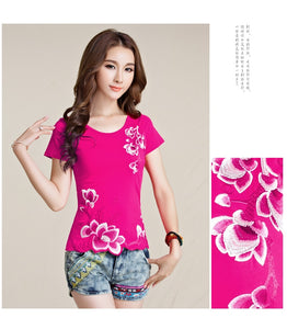 Ladies Tops Cotton Floral Embroidered Tee Shirt Femme Casual Clothes