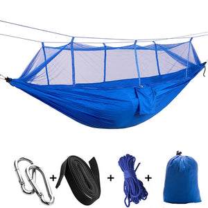 deep blue camping hammock with mosquito net
