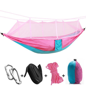 pink blue camping hammock with mosquito net