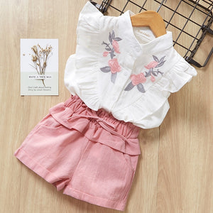 Girls Sets New Spring Summer Floral Children Sleeveless T-shirt+Solid Shorts 2PCS Kids