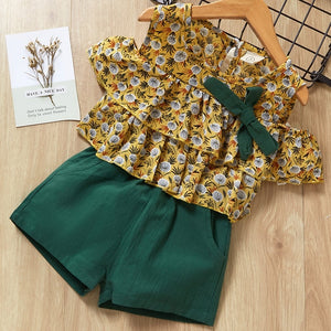 Girls Sets New Spring Summer Floral Children Sleeveless T-shirt+Solid Shorts 2PCS Kids