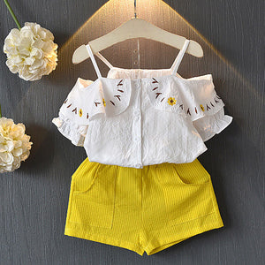 Girls Sets New Spring Summer Floral Children Sleeveless T-shirt+Solid Shorts 2PCS Kids