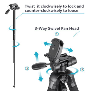 Portable 70 inches/177 cm Aluminum Alloy Camera Tripod Monopod with 3-Way Swivel Pan Head Carrying Bag for Sony/Canon