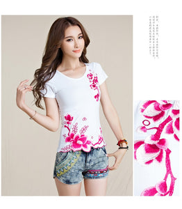 Ladies Tops Cotton Floral Embroidered Tee Shirt Femme Casual Clothes