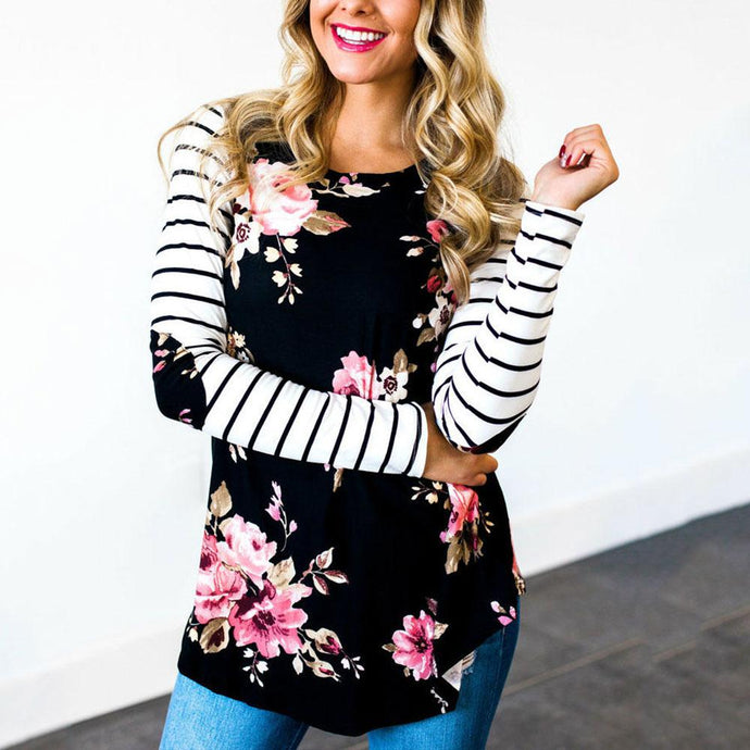 Female T Shirt Striped Sleeve Floral Elbow Patch Full Long Raglan Sleeve Casual Tops
