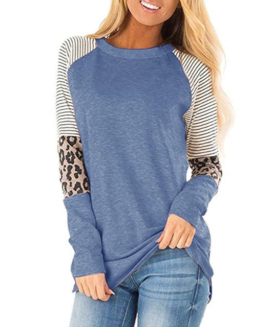 Women's Leopard T Shirts Fashion Stripe Patchwork Long Sleeve O-Neck Streetwear