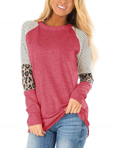 Women's Leopard T Shirts Fashion Stripe Patchwork Long Sleeve O-Neck Streetwear