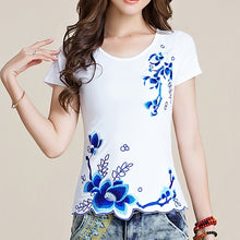 Load image into Gallery viewer, Ladies Tops Cotton Floral Embroidered Tee Shirt Femme Casual Clothes