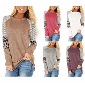 Women's Leopard T Shirts Fashion Stripe Patchwork Long Sleeve O-Neck Streetwear