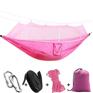 pink camping hammock with mosquito net