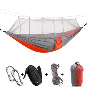 orange grey camping hammock with mosquito net